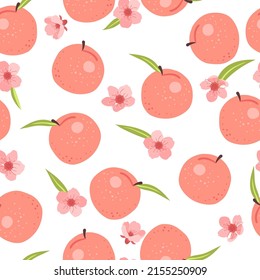 Seamless peach summer pattern with fruits, leaves, pink flowers background. Vector illustration spring cover, wallpaper texture, wrapping backdrop, vintage cute packaging.