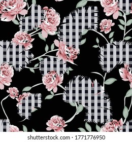 seamless peach  work flower with checks design on black background