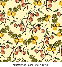 Seamless peaches and apricots pattern on a very light shade of yellow background. Vector.