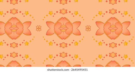 Seamless peach-orange floral pattern with abstract blossoms, stars, and circular accents, ideal for textiles, wallpapers, or digital designs. Pattern, floral, seamless, abstract, peach.
