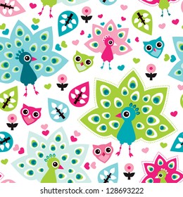 Seamless peacock bird and owl oriental kids background pattern in vector