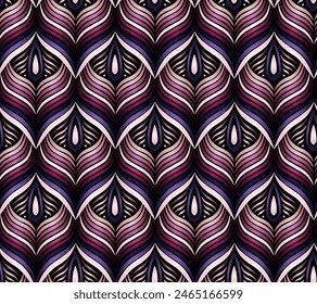 Seamless peacock elegance geometric fabric pattern in pink and burgundy colors, perfect for textiles and decor
