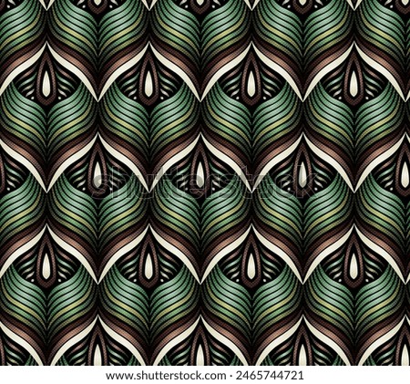 Seamless peacock elegance geometric fabric pattern in green and brown colors, Ideal for textile design, home decor, and stylish wallpapers