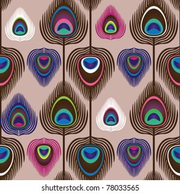 Seamless peacock feather ornament pattern background in vector