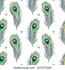 Seamless peacock feathers pattern. Vector background.