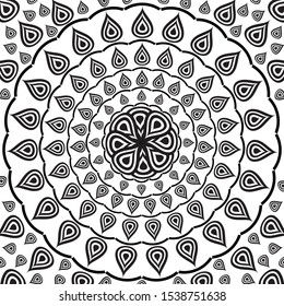 Seamless peacock pattern in the form of a mandala in black and white, coloring book .Vector graphic