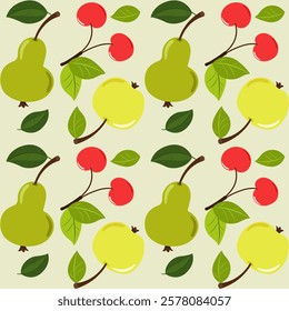 Seamless pear apples berry pattern. Flat style.