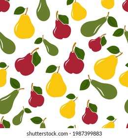 Seamless pear fruit pattern. Vector illustration background. Summer fruit on white