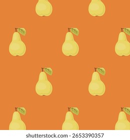 Padrão de frutos de pera sem costura com peras amarelas e folhas verdes sobre fundo laranja quente, design de vetor de colheita de outono, amostra repetida no painel de amostras
