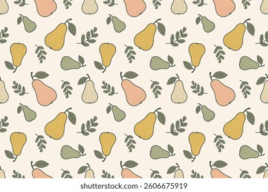 Seamless Pear Fruit Repeat Pattern Hand-Drawn Rustic Pears with Leaves for Fabric and Wallpaper