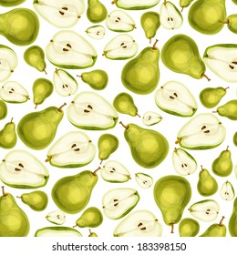 Seamless pear fruit sliced in half with seed and leaves pattern hand drawn sketch vector illustration