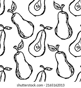 Seamless pear pattern. Black and white pear background. Doodle vector illustration with fruits