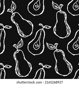 Seamless pear pattern. Black and white pear background. Doodle vector illustration with fruits