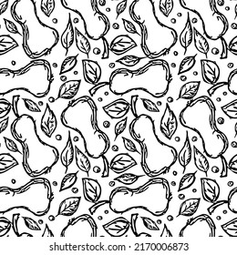 Seamless pear pattern. Black and white pear background. Doodle vector illustration with fruits