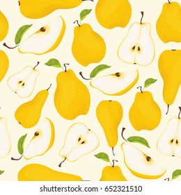 Seamless pear pattern. Different pears whole fruits and pieces with leaves on light yellow background