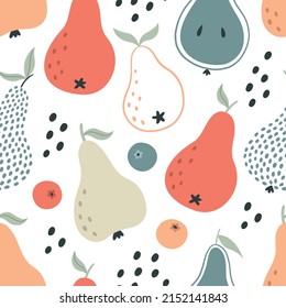 Seamless pear pattern. Fruity cute print. Hand-drawn bright fruits. Vector illustration