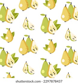Seamless pear pattern. Hand drawn vector illustration for summer romantic cover, tropical wallpaper, vintage texture