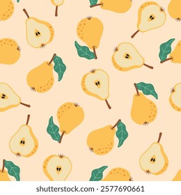 Seamless Pear Pattern with Hand-Drawn Style. A seamless pattern featuring hand-drawn whole and sliced pears with leaves on a soft beige background. Perfect for textiles, wallpapers and packaging