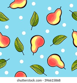 Seamless pear pattern on blue background with white dots. Vector illustration. Great for textile, wallpaper, wrapping paper and more.
