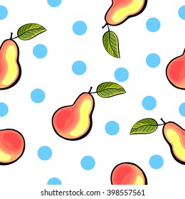 Seamless pear pattern on white background with blue dots. Vector illustration. Great for textile, wallpaper, wrapping paper and more.