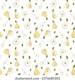 Seamless pear pattern. Simple vector background with ripe yellow pears. Vector illustration on the theme of food. For packaging, decoration, clothing, fabric.	