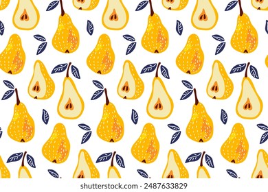 Seamless Pear pattern. Yellow Pear fruit with leaves on white background. Fresh fruits Vector Summer ore Autumn Repeated background for textile, fabric, paper, wallpaper, packaging.