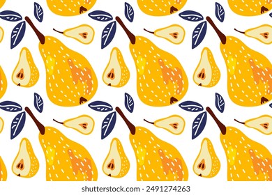 Seamless Pear pattern. Yellow Pear fruit with blue leaves on white background. Fresh fruits Vector Summer ore Autumn Repeated background for textile, fabric, paper, wallpaper, packaging