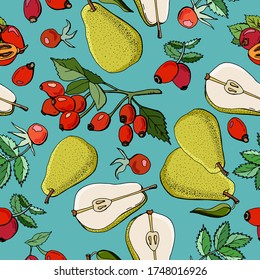 Seamless pear and rosehip pattern. Whole fruits and slices. Cartoon style. Stock illustration. Design for wallpaper, fabric, textile, packaging.