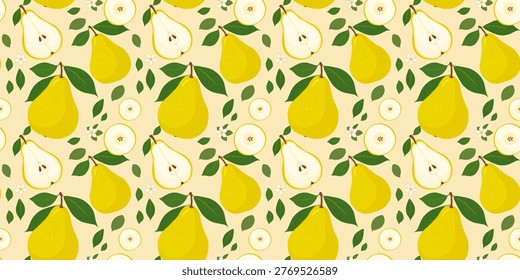 Seamless pear vector pattern with whole yellow pears, sliced fruit, green leaves and jasmine flowers on beige background. Flat minimal illustration with natural colors.