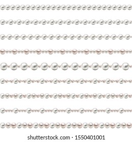 Seamless pearl beads. Pearl Beads Set. Glamor repeat Borders on white Background. Vector