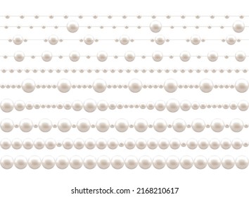 Seamless Pearl Horizontal Border. Set. Color Realistic style. Isolated of Round Decoration Beads and Necklace. White background. Vector illustration for Romantic Wedding Bride and Holiday Design.