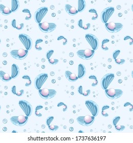 Seamless pearl in shell cartoon style on blue background illustration