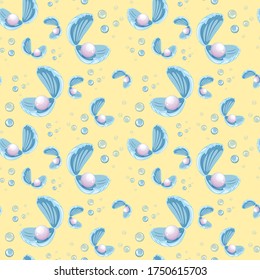 Seamless pearl in shell cartoon style on yellow background illustration