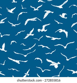 Seamless pencil birds pattern. Vector hand-drawn seagulls background.