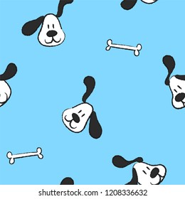 seamless pencil doodle hand drawing grunge line art animal pet dog head repeat pattern with bone in blue background flat vector illustration design