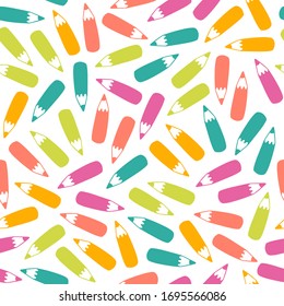 Seamless pencil pattern in vector. Hand drawn colorful illustration with stationery. Doodle endless background with color pencils. School, office and creativity concept. EPS 8