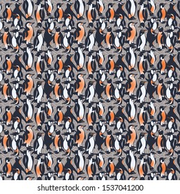 Seamless Penguin Allover Print Pattern / Vector Illustration / Gray Background