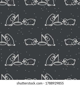 Seamless penguin fishing background pattern. Simple gender neutral nursery festive scrapbook digital paper. Kids whimsical snow animal wallpaper all over print.