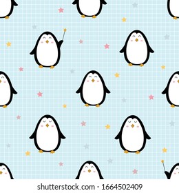 Seamless Penguin Pattern Background With Square Pattern Cute cartoon animal design concept used for printing, background, gift wrapping, children's clothing, textile, vector illustration