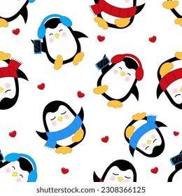 Seamless penguin pattern. Cute dancing penguin listening to music with blue headphones and  penguin in a blue scarf.  Vector illustration. Kawaii style.