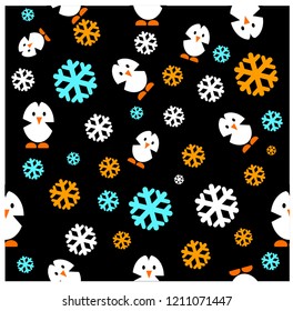 Seamless Penguins winter pattern on black background