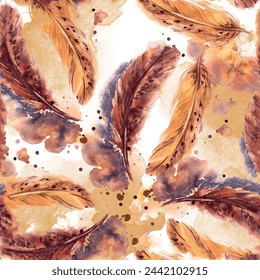 Seamless penny feather pattern with animal wing background elements in brown color with watercolor texture