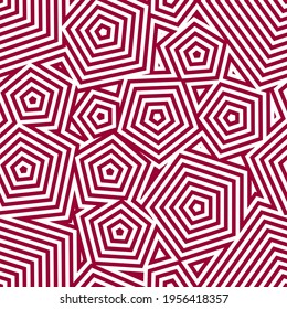 Seamless pentagonal geometric pattern made with a thick line. Beautiful vector background, in red and white.