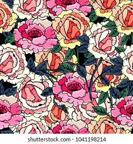 Seamless Peonies Pattern. Beautiful flowers. Manual drawing. Spring. A set of plants. For postcards, covers. Print on clothes.