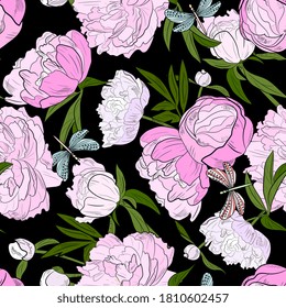 Seamless peonies pattern. Hand drawn elegant floral background. Background for invitations, cards, packaging, wallpaper