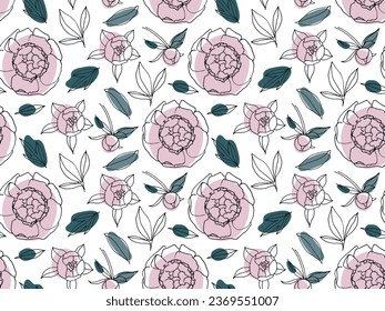 Seamless Peonies sketch background. Trendy botanical elements. Hand drawn Linear Peony flowers, buds, leaves. Repeated Natural illustration for wallpaper, wrapping paper, textile
