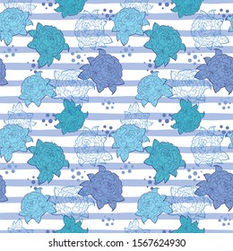 Seamless peony flowers pattern on blue striped background