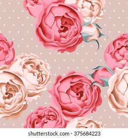 Seamless peony roses and polka dot