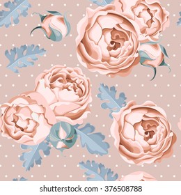 Seamless peony roses and polka dot