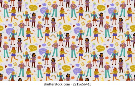 Gente sin piel celebrando el patrón. Mujeres de vacaciones colgando regalos de fondo blanco. Papel envuelto o regalo y textiles para niños.
